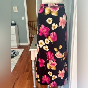 YIYING RICH COLOR PINK BLACK FLOWERS SATIN FEEL MAXI SKIRT MEDIUM